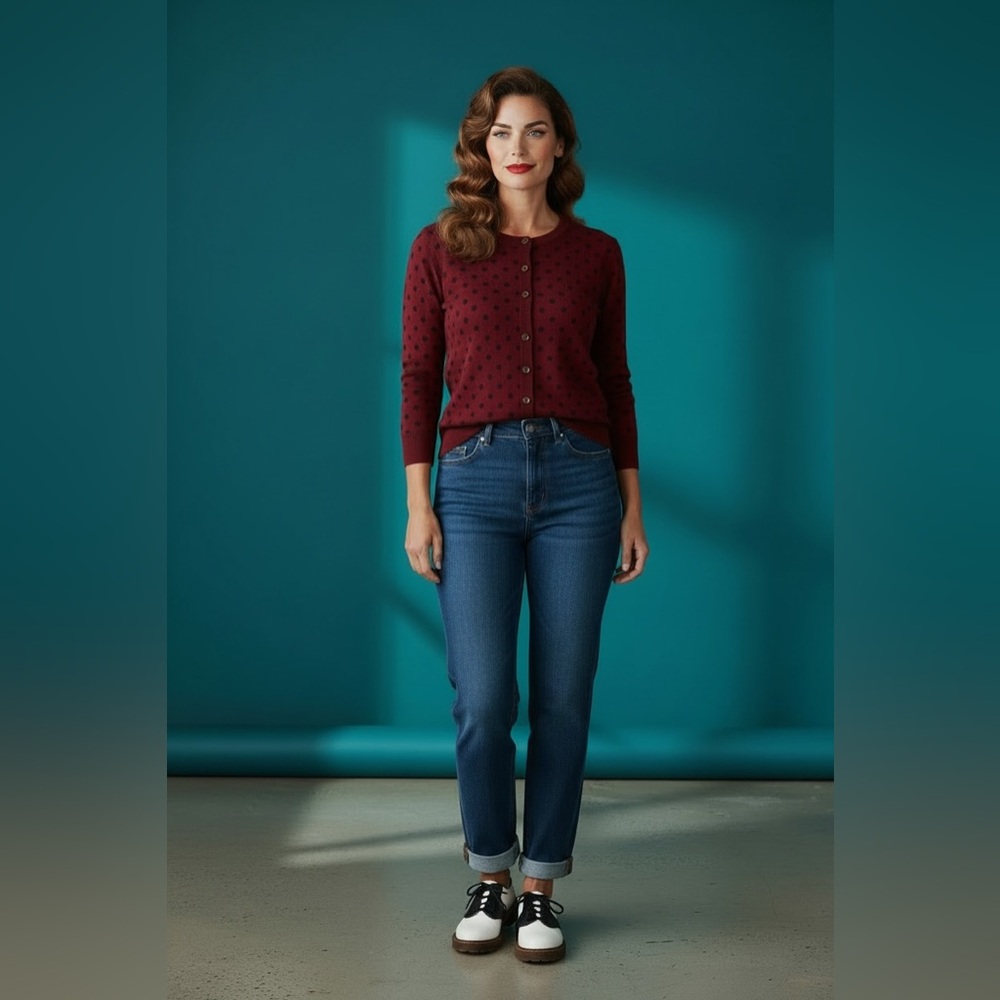 89th & Madison Polka Dot Cardigan, Burgundy/Black, Size XL, GUC - Picture 1 of 8